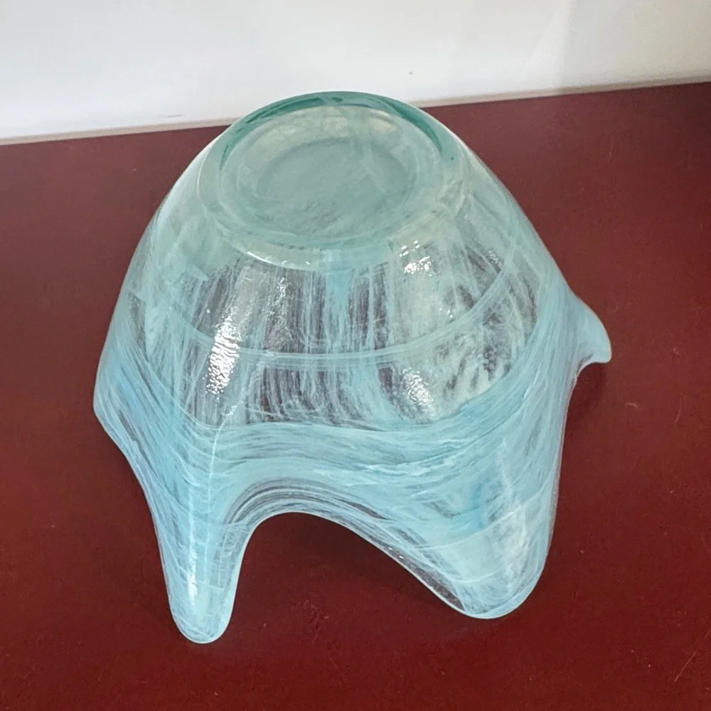 Art Glass Handkerchief Vase Blue and white Swirls Scalloped Edges 3.75" Tall - Picture 3 of 6